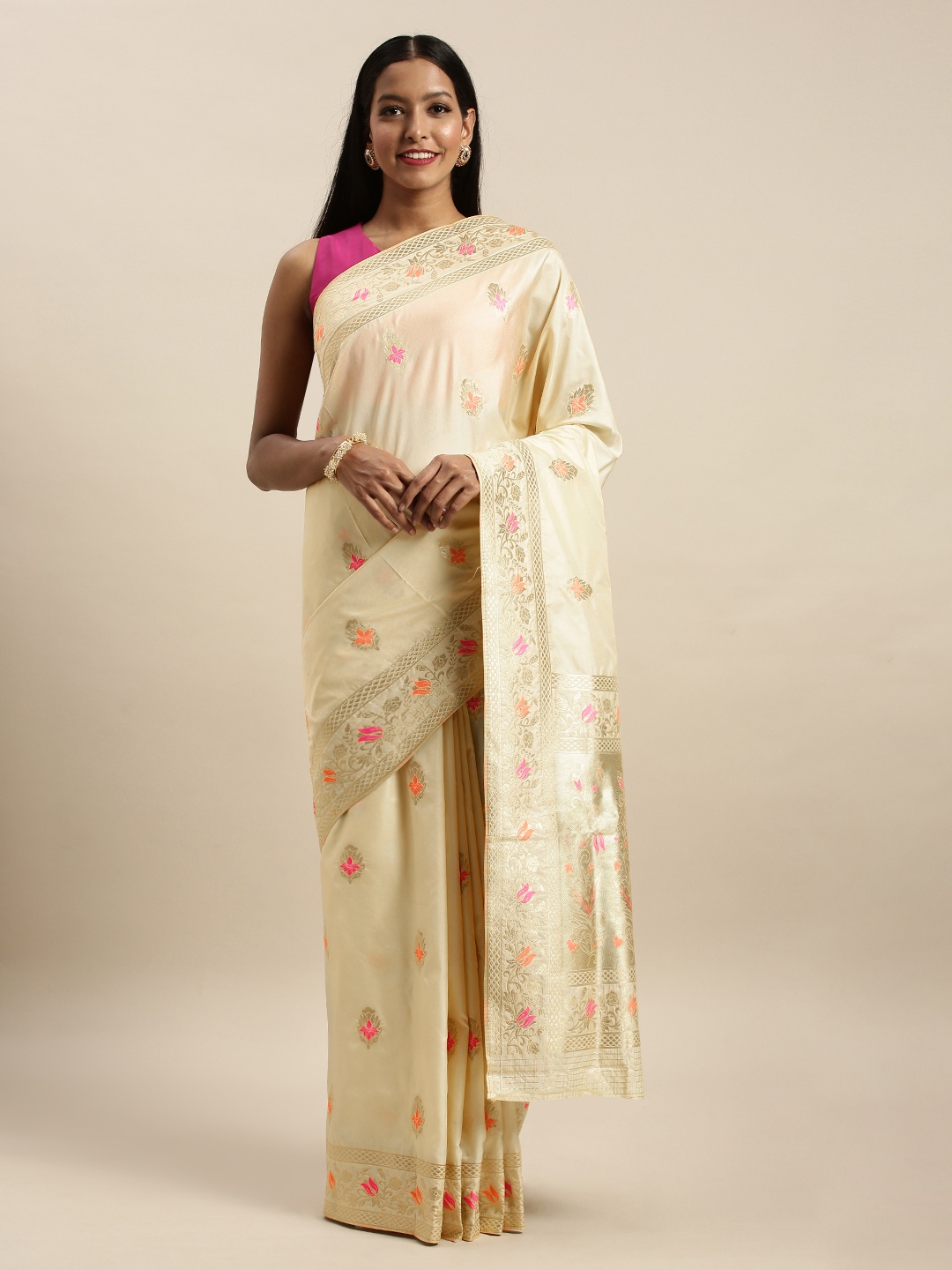 

SANGAM PRINTS Cream-Coloured & Gold-Toned Pure Silk Woven Design Saree