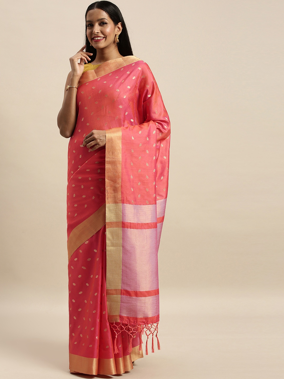 

SANGAM PRINTS Pink & Gold-Toned Pure Silk Woven Design Saree