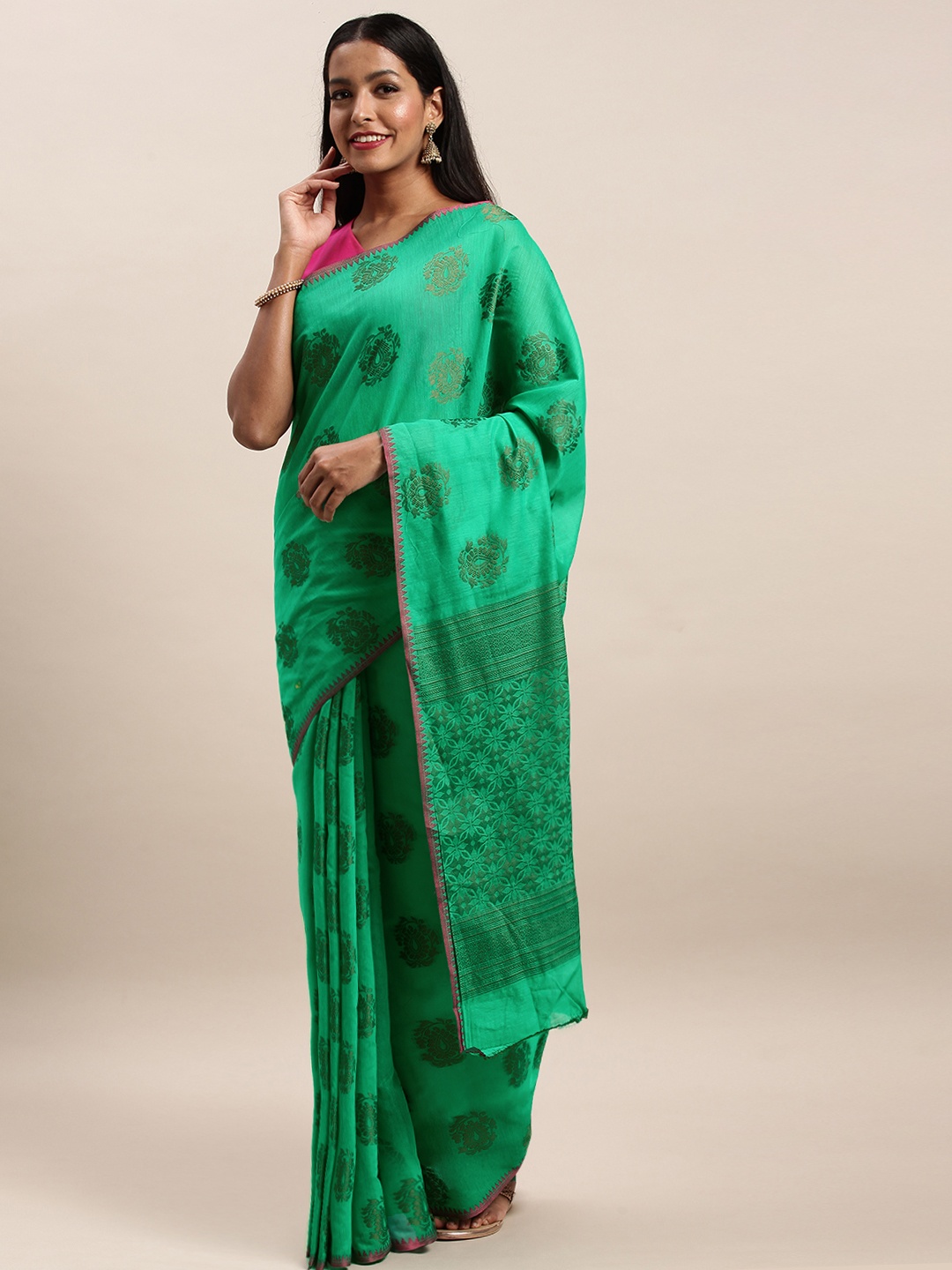 

SANGAM PRINTS Green Woven Design Pure Cotton Saree