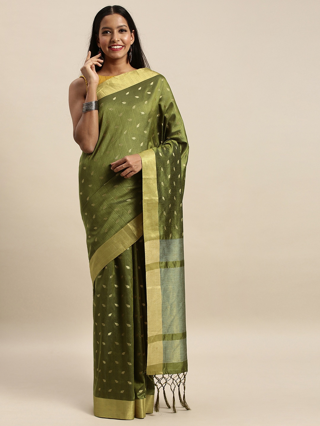 

SANGAM PRINTS Green & Gold-Toned Pure Silk Woven Design Saree