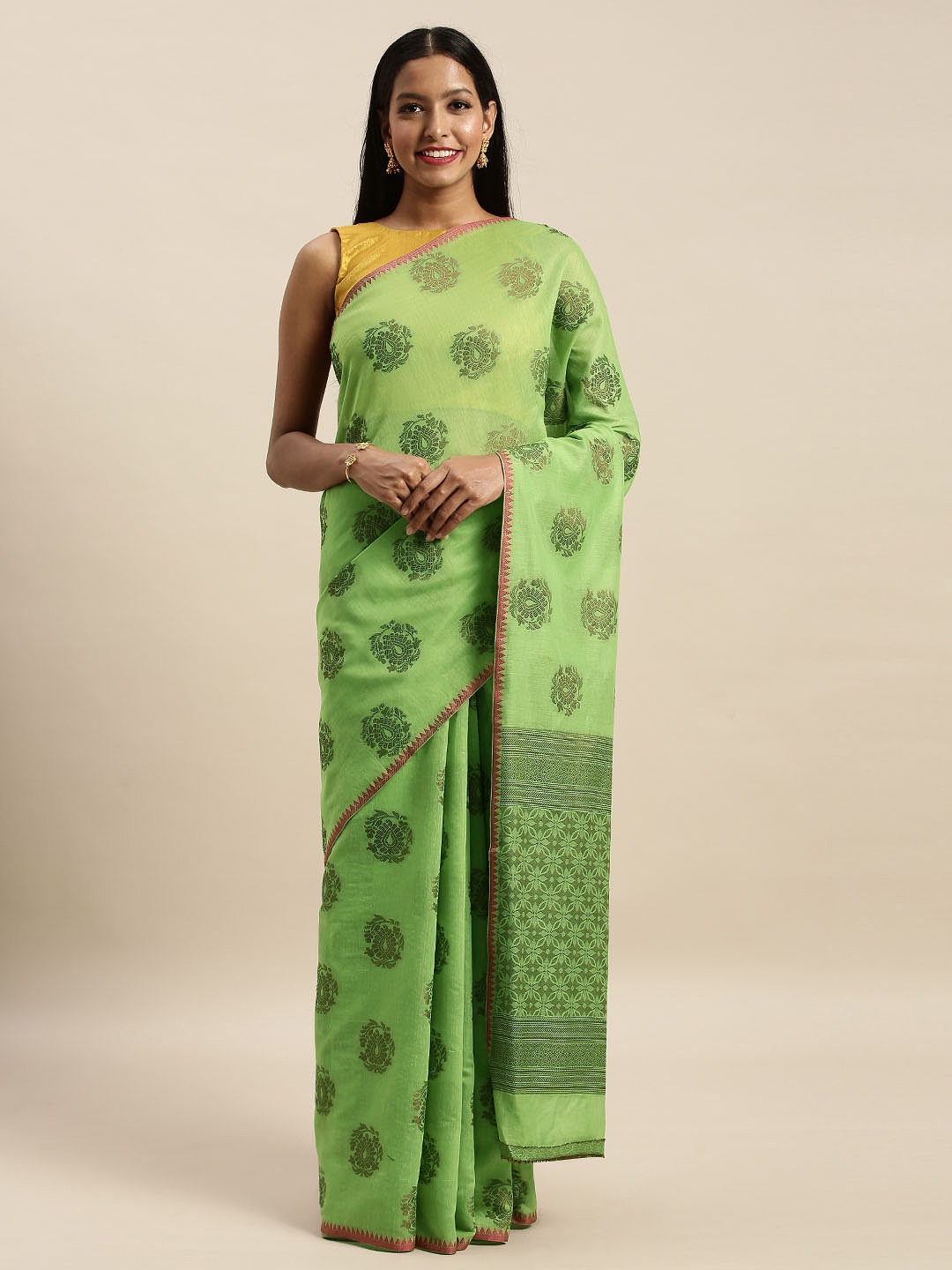 

SANGAM PRINTS Green Woven Design Pure Cotton Handloom Saree