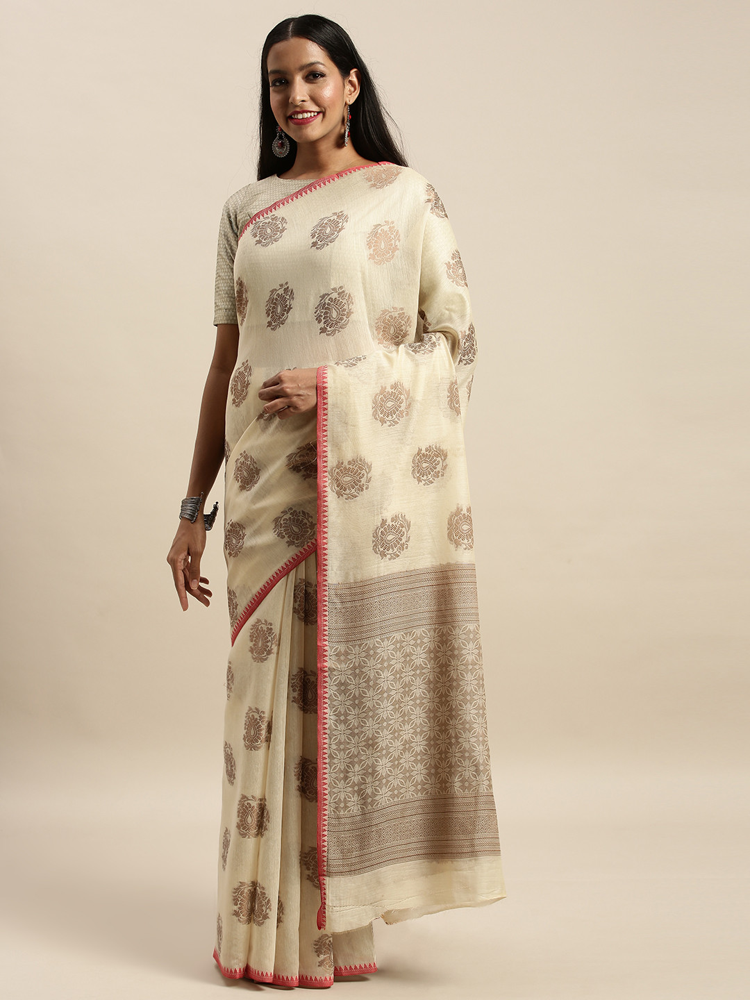 

SANGAM PRINTS Beige Woven Design Pure Cotton Handloom Saree