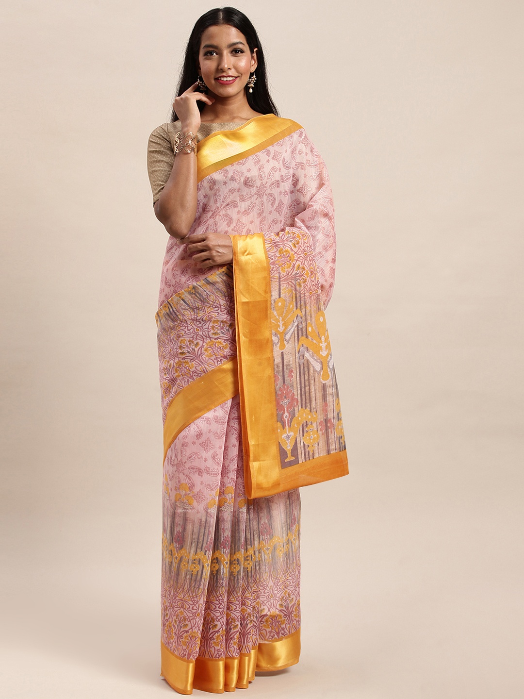 

SANGAM PRINTS Pink Abstract Printed Polycotton Saree