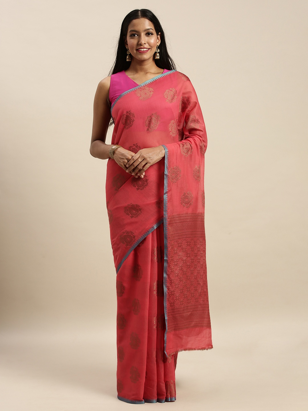 

SANGAM PRINTS Red Woven Design Pure Cotton Handloom Saree