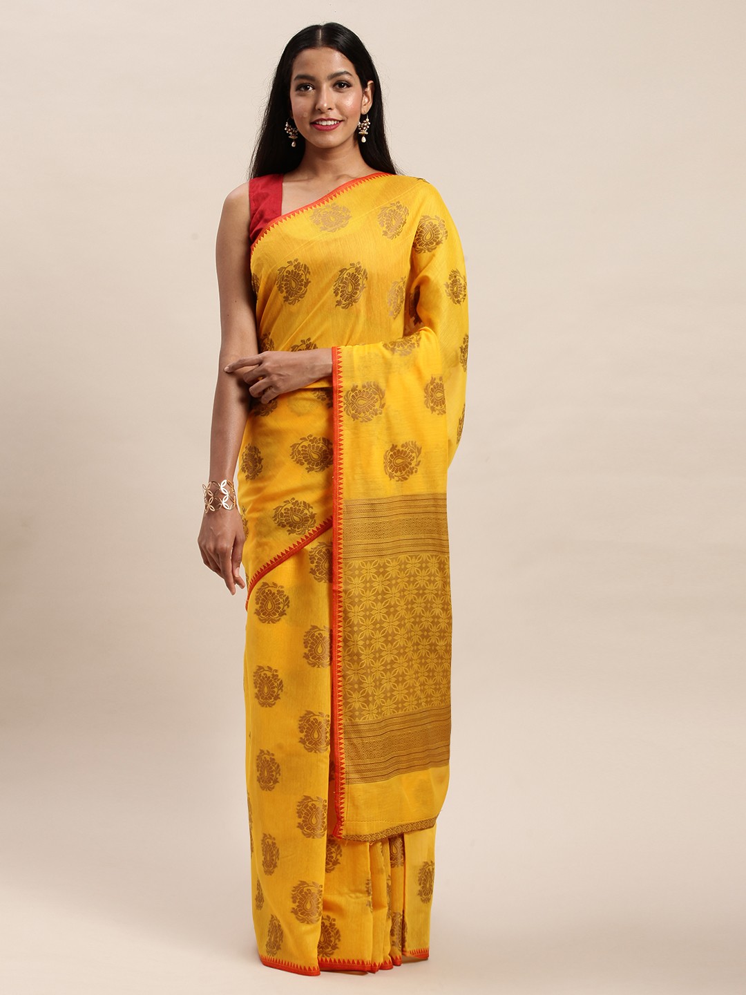 

SANGAM PRINTS Yellow & Brown Pure Cotton Woven Design Handloom Saree