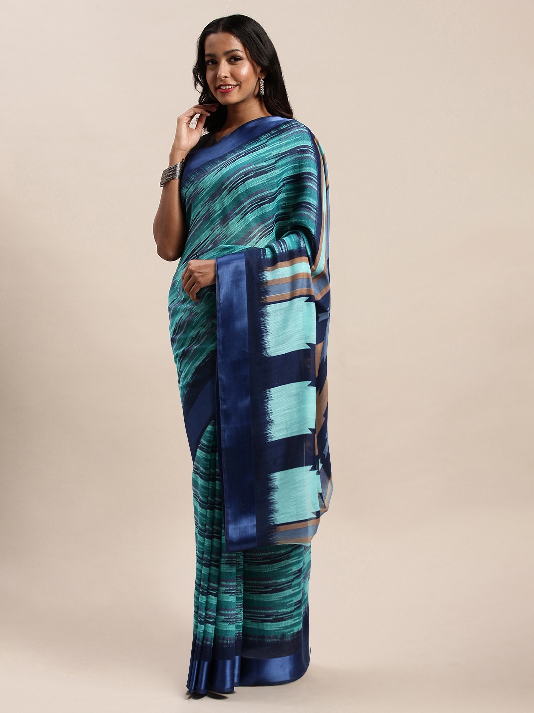 

SANGAM PRINTS Turquoise Blue Printed Polycotton Saree