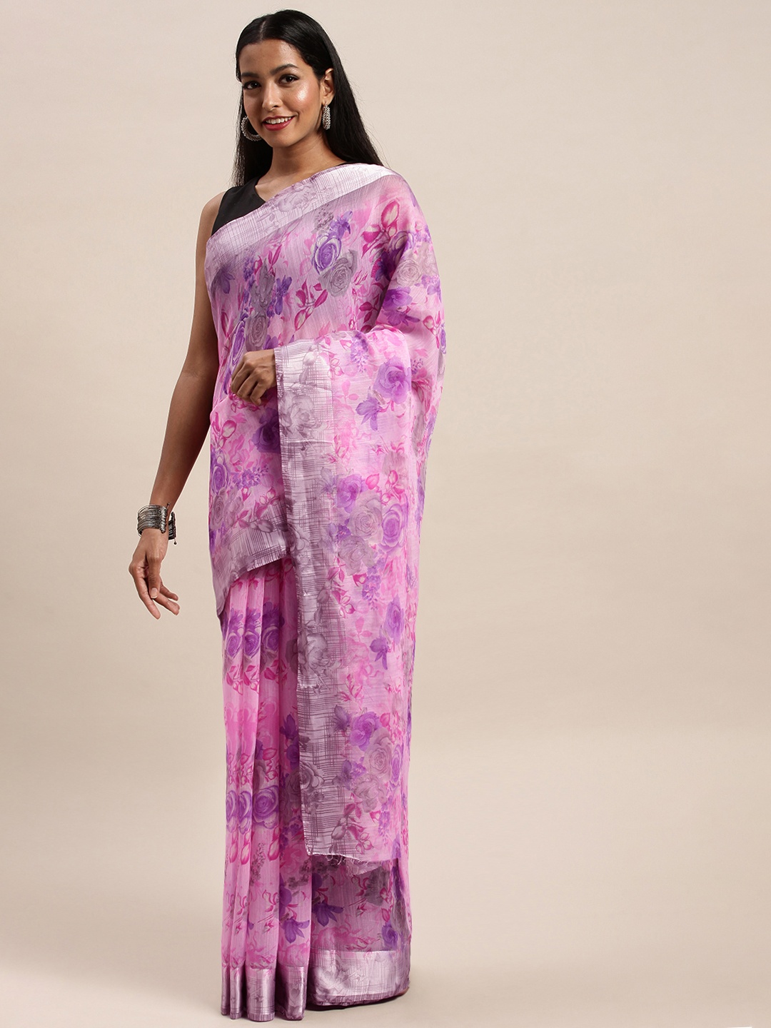 

SANGAM PRINTS Purple Floral Printed Polycotton Saree