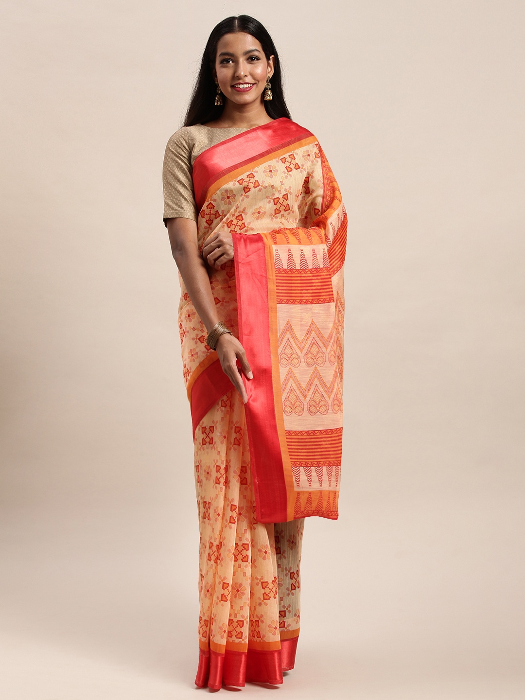 

SANGAM PRINTS Orange Ethnic Printed Polycotton Saree