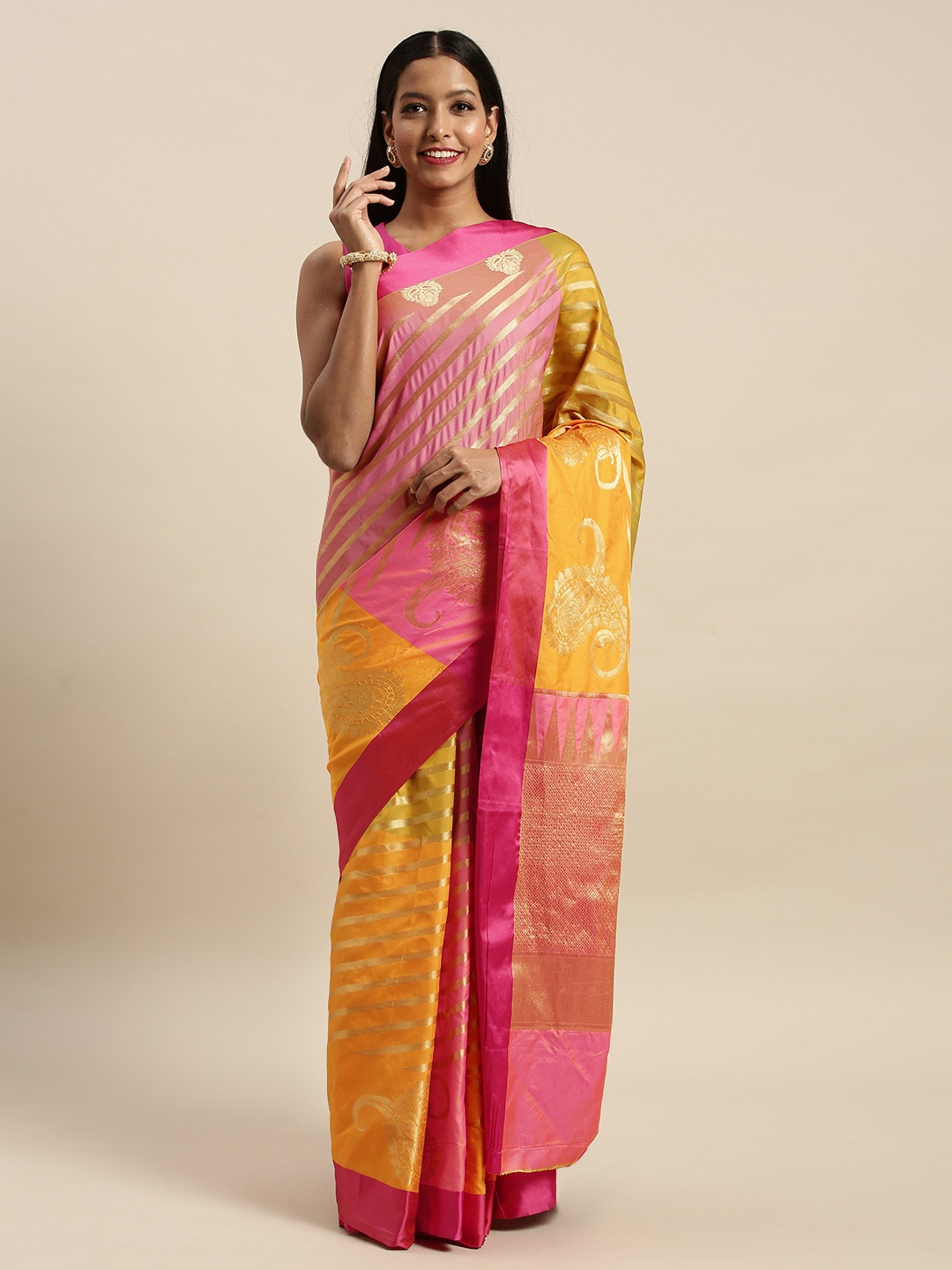 

SANGAM PRINTS Mustard Yellow & Pink Pure Silk Woven Design Handloom Saree