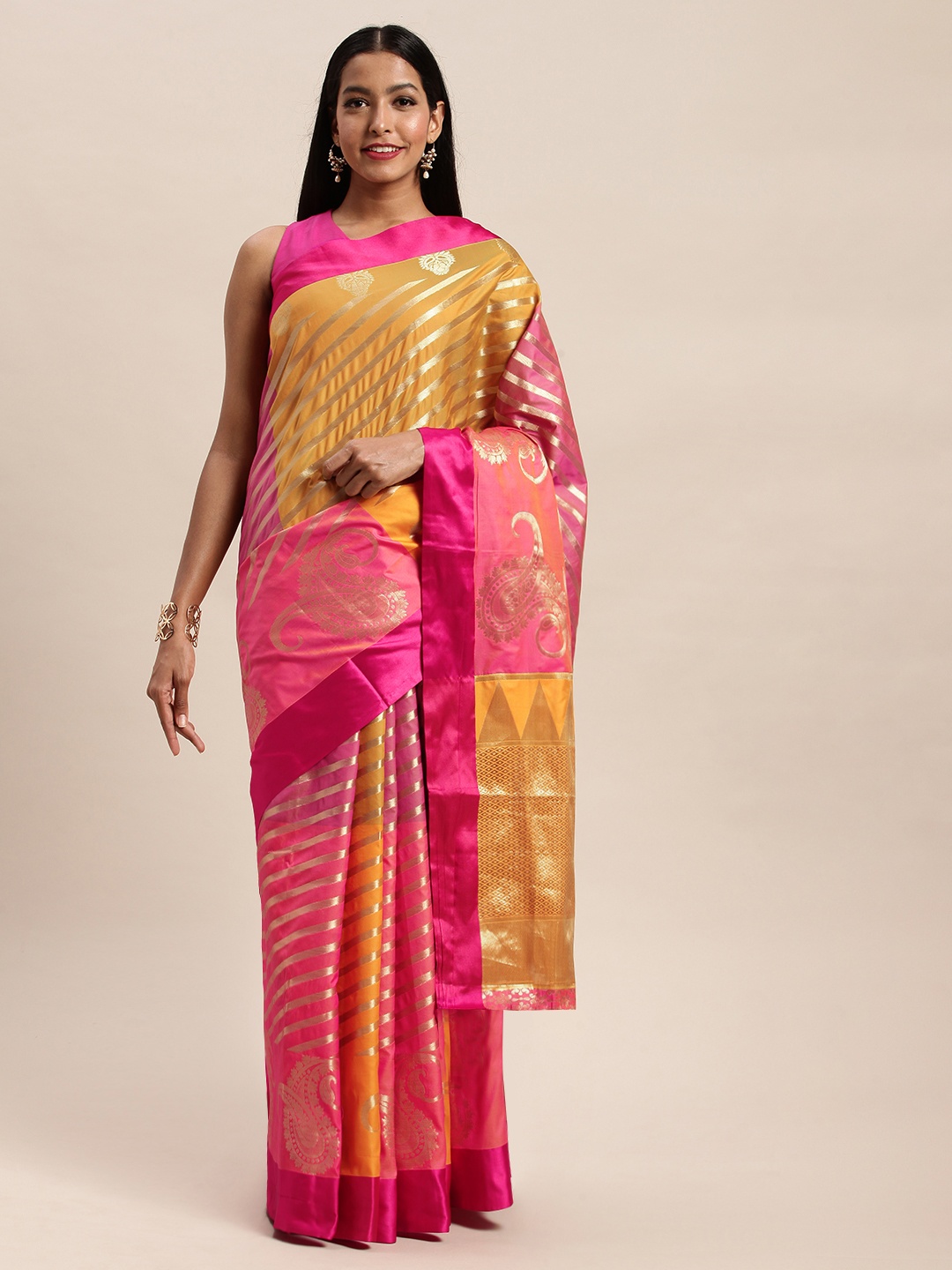 

SANGAM PRINTS Pink & Mustard Yellow Pure Silk Striped Saree