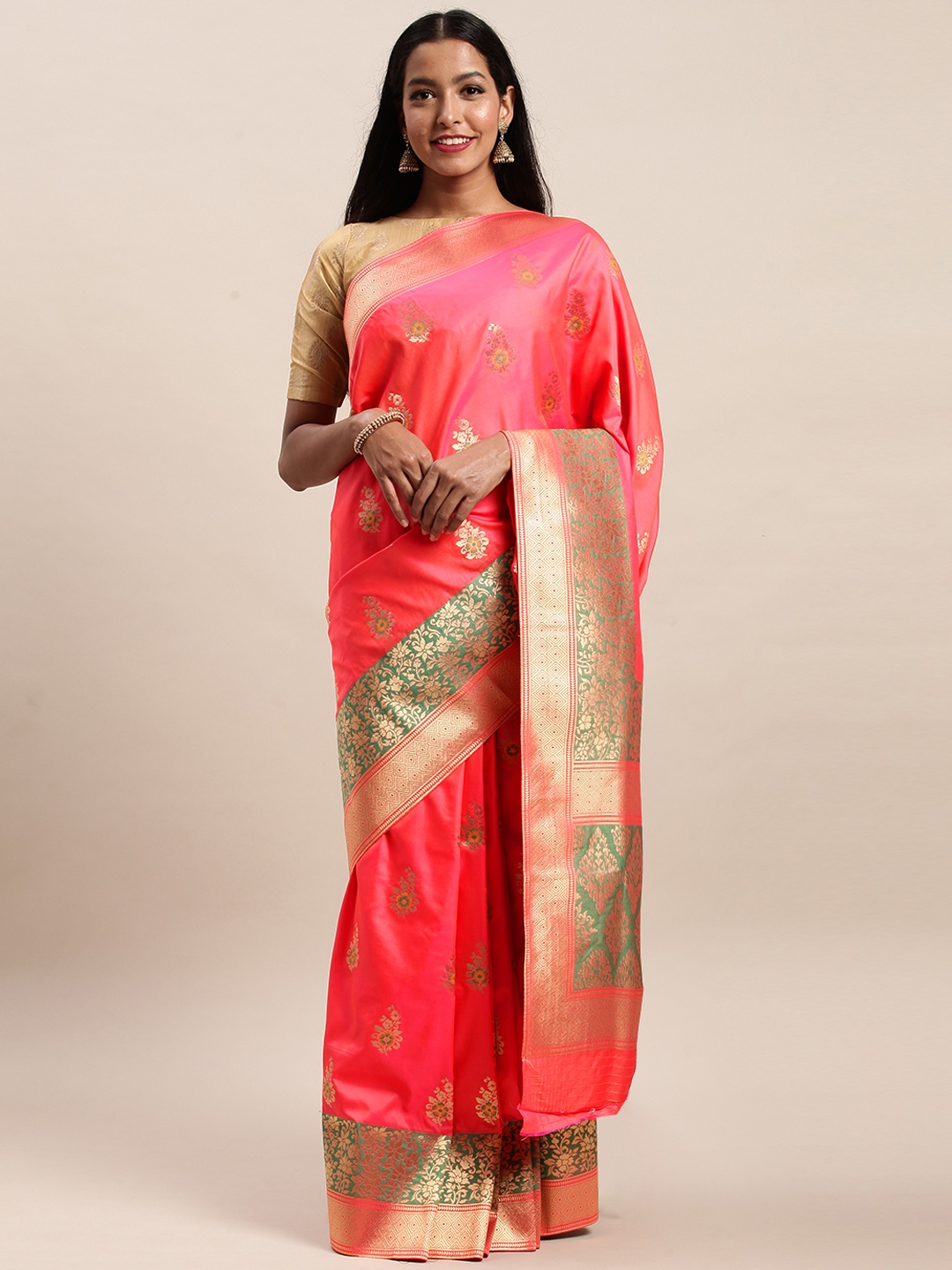 

SANGAM PRINTS Red & Green Pure Silk Printed Saree