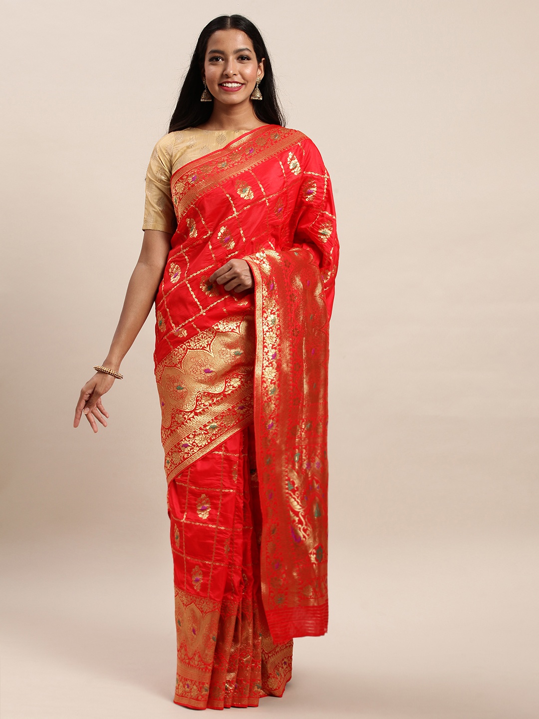 

SANGAM PRINTS Red & Gold-Coloured Pure Silk Printed Saree