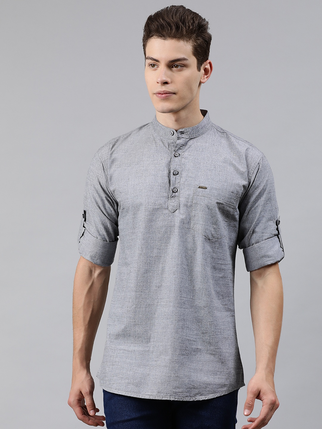 

Urbano Fashion Men Grey Slim Fit Solid Half Placket Casual Shirt