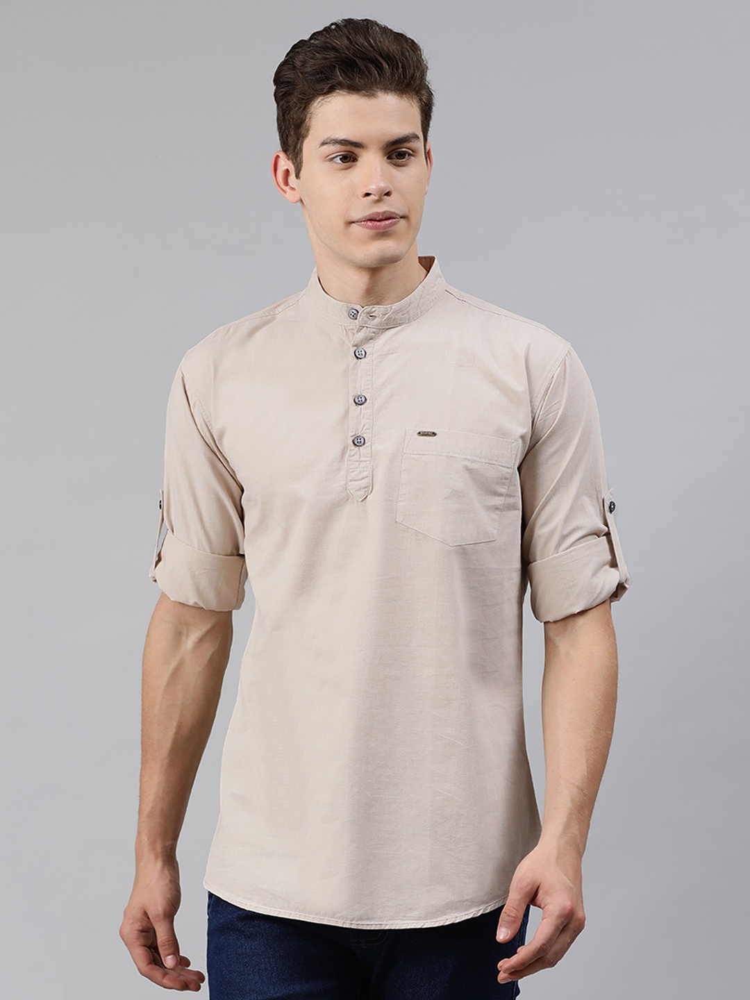 

Urbano Fashion Men Beige Slim Fit Solid Half Placket Casual Shirt