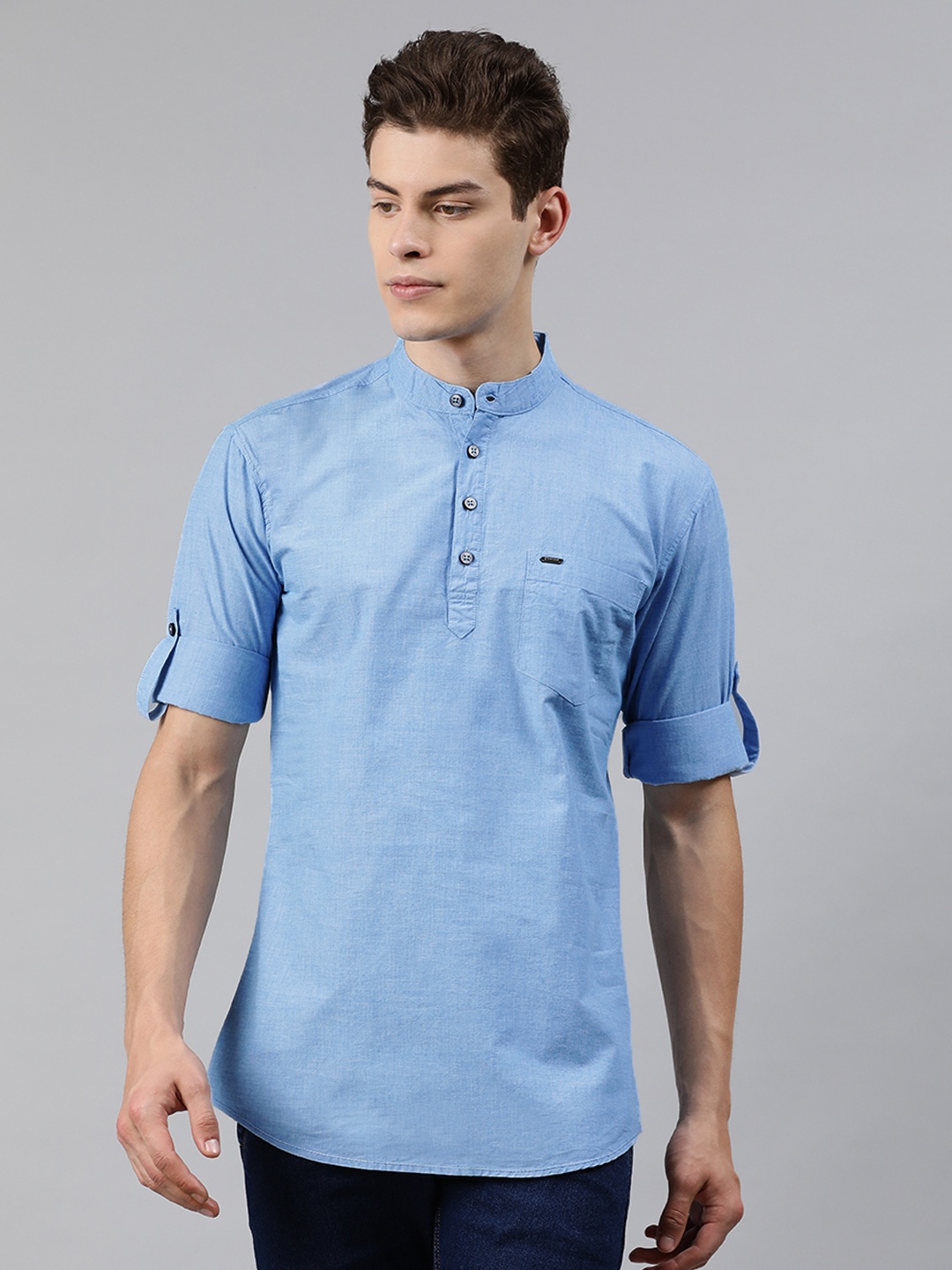 

Urbano Fashion Men Blue Slim Fit Solid Half Placket Casual Shirt