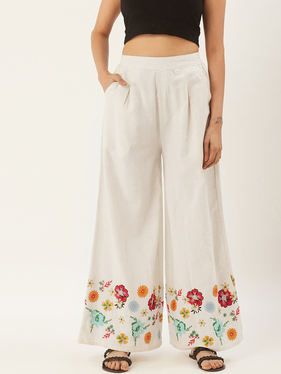 

RANGMAYEE Women Off-White Hem Design Wide Leg Palazzos