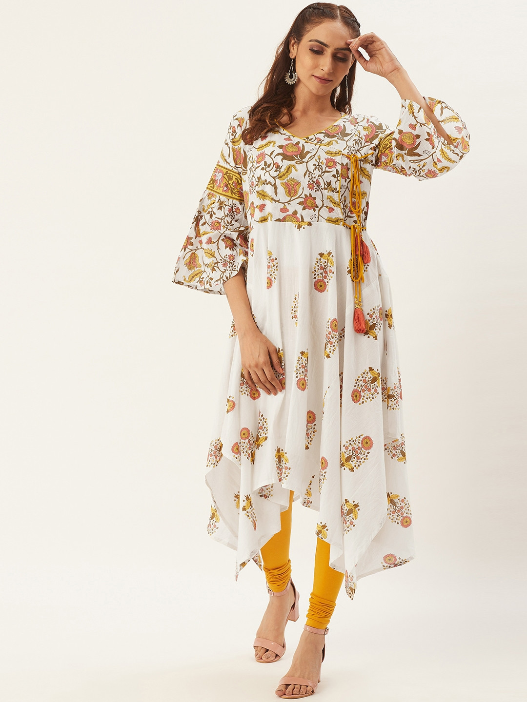 

RANGMAYEE Women Off-White & Mustard Yellow Printed Handkerchief Angrakha Anarkali Kurta