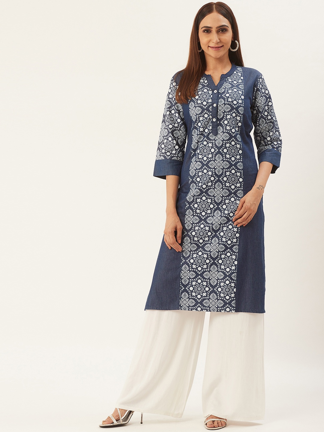 

RANGMAYEE Women Navy Blue & White Printed Denim Straight Kurta