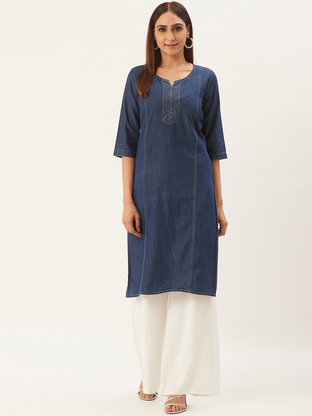 

RANGMAYEE Women Navy Blue Solid Denim Straight Kurta