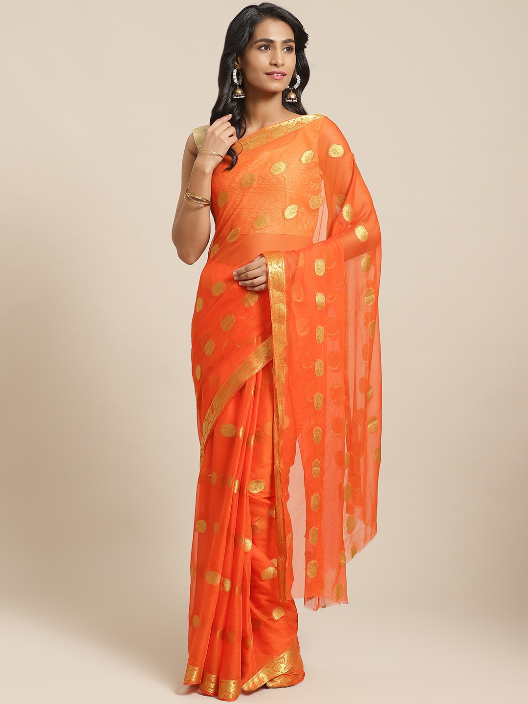 

Saree mall Orange & Golden Woven Design Saree