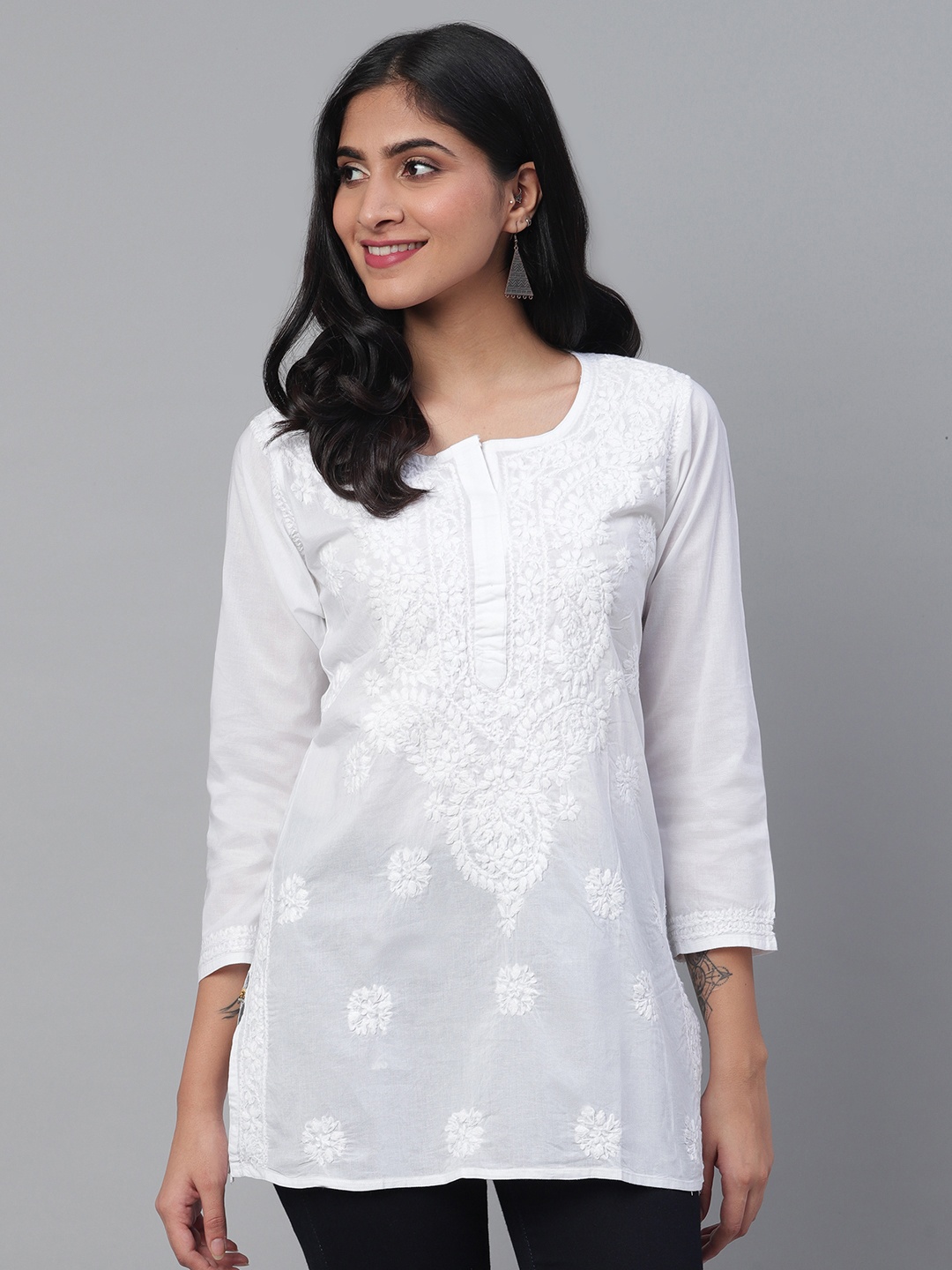 

ADA Women White Chikankari Hand Embroidered Pure Cotton Semi-Sheer Straight Sustainable Kurti