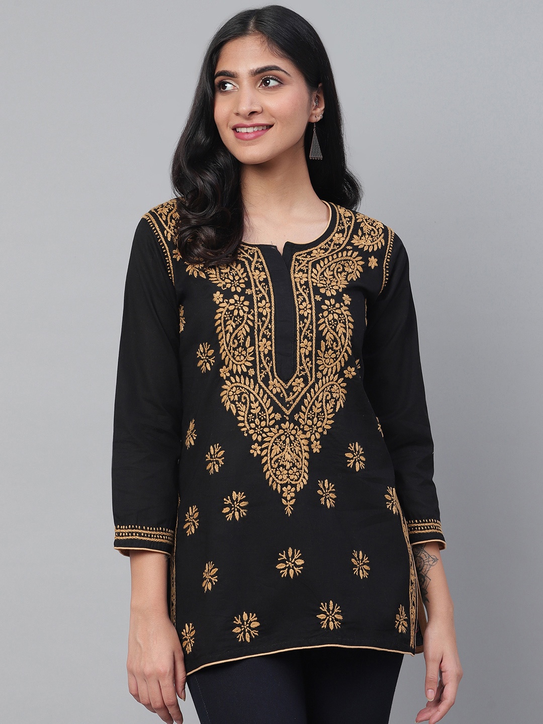 

ADA Women Black & Beige Chikankari Hand Embroidered Pure Cotton Straight Sustainable Kurti