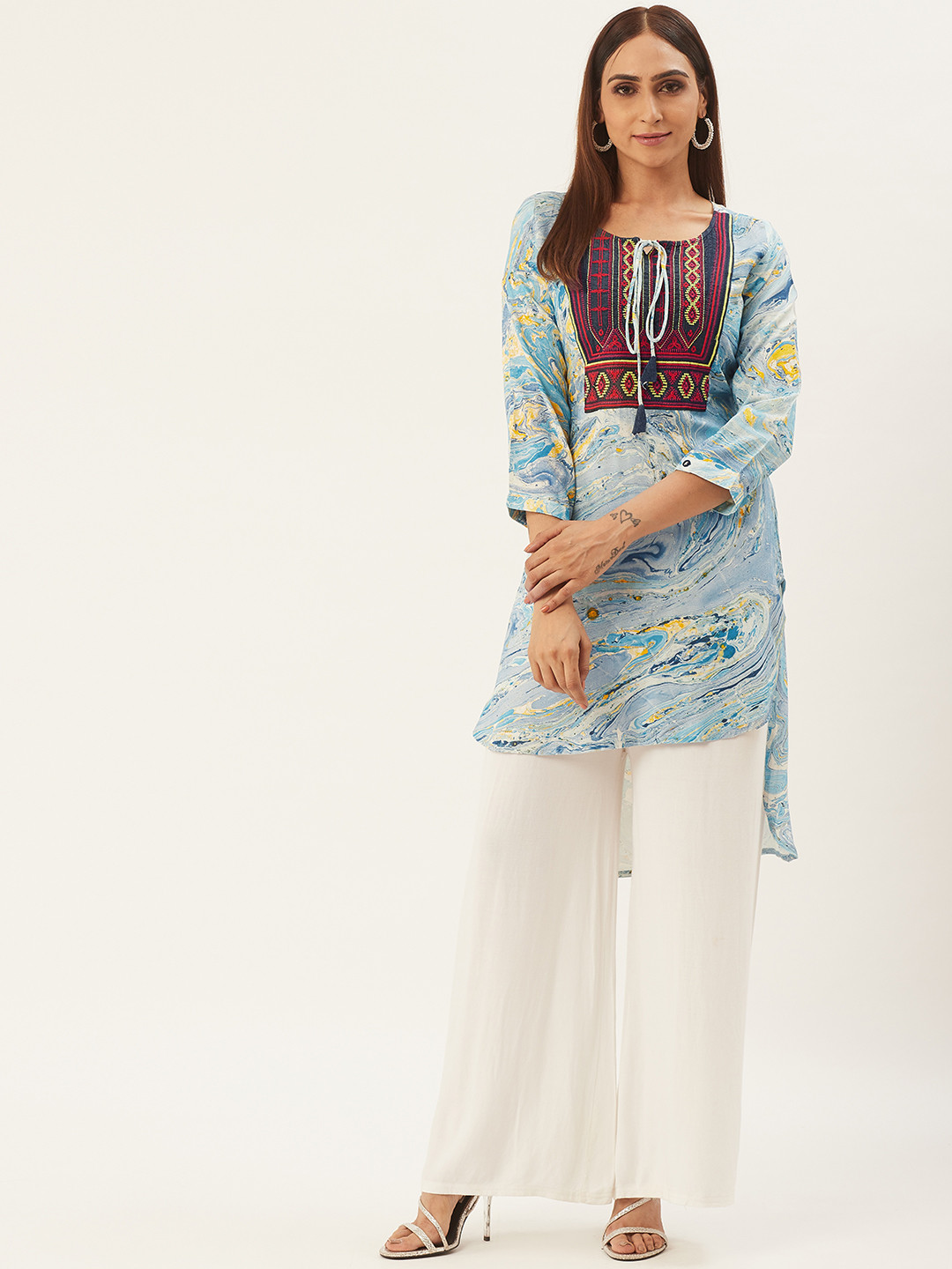 

RANGMAYEE Women's Blue & Yellow Abstract Printed High-Low Hem Tunic