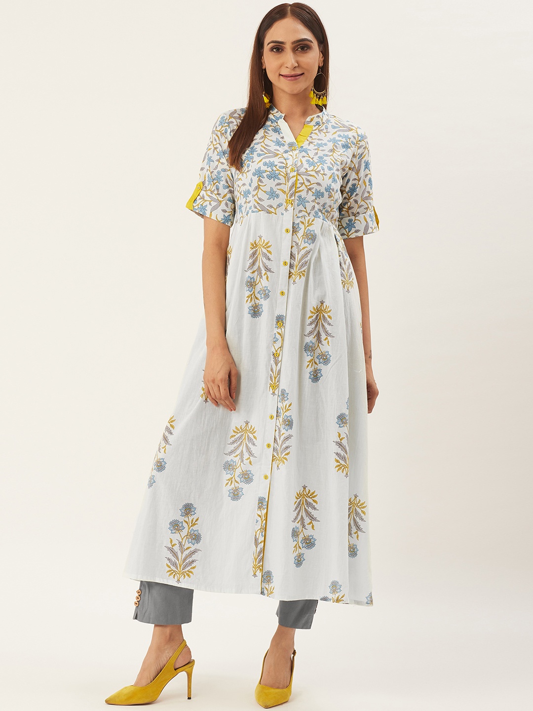 

RANGMAYEE Women White & Grey Printed Kurta with Trousers