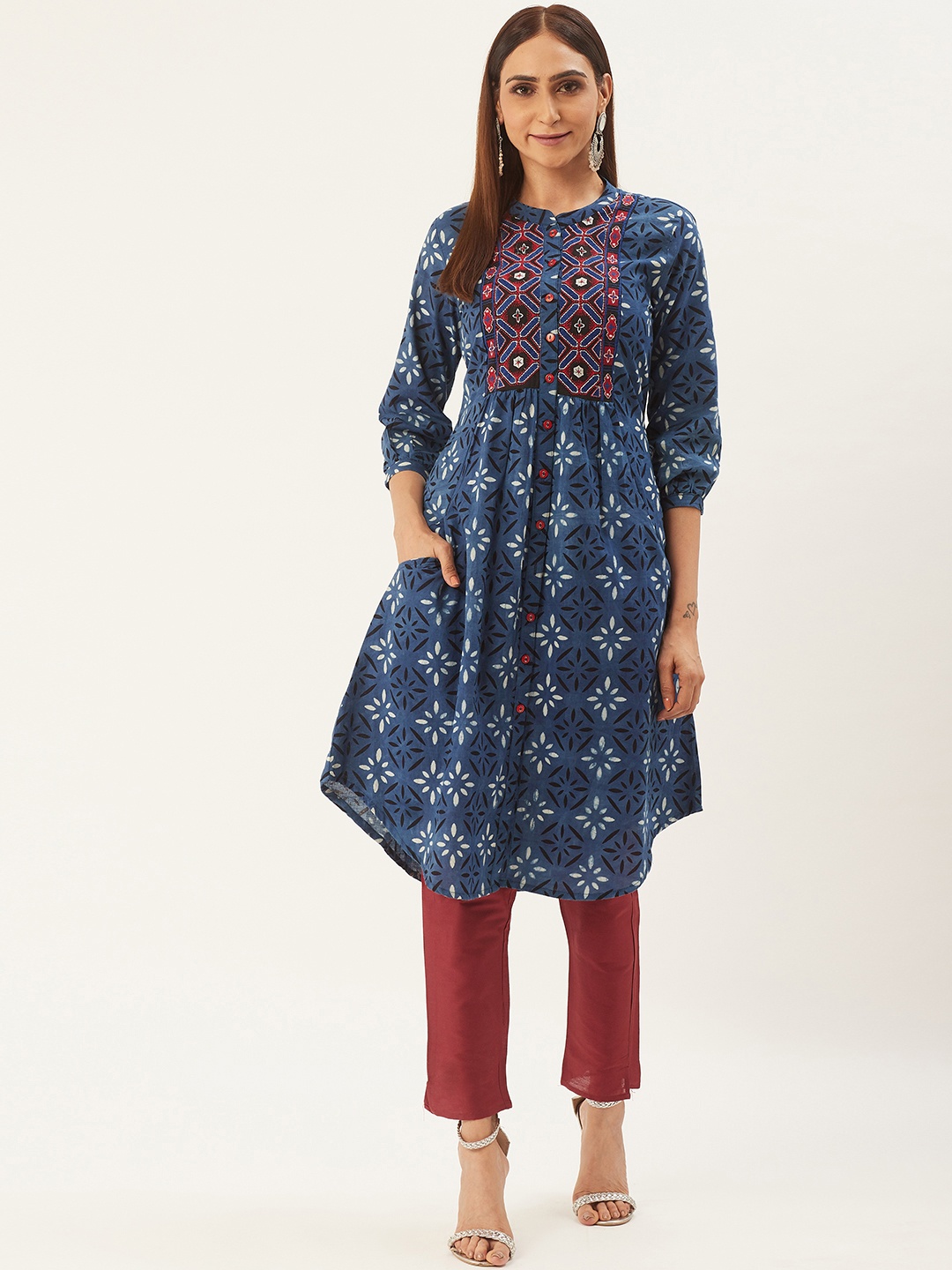 

RANGMAYEE Women Blue & Maroon Printed Kurta with Trousers