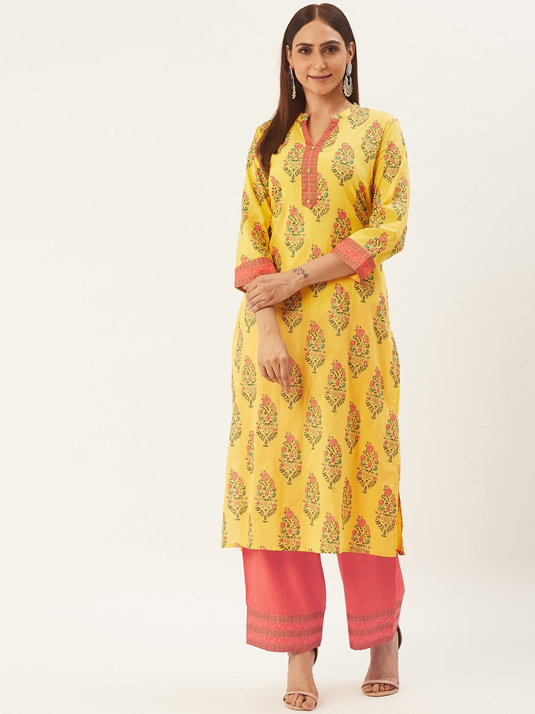 RANGMAYEE Women Yellow & Coral Orange Foil Printed Kurta with Palazzos