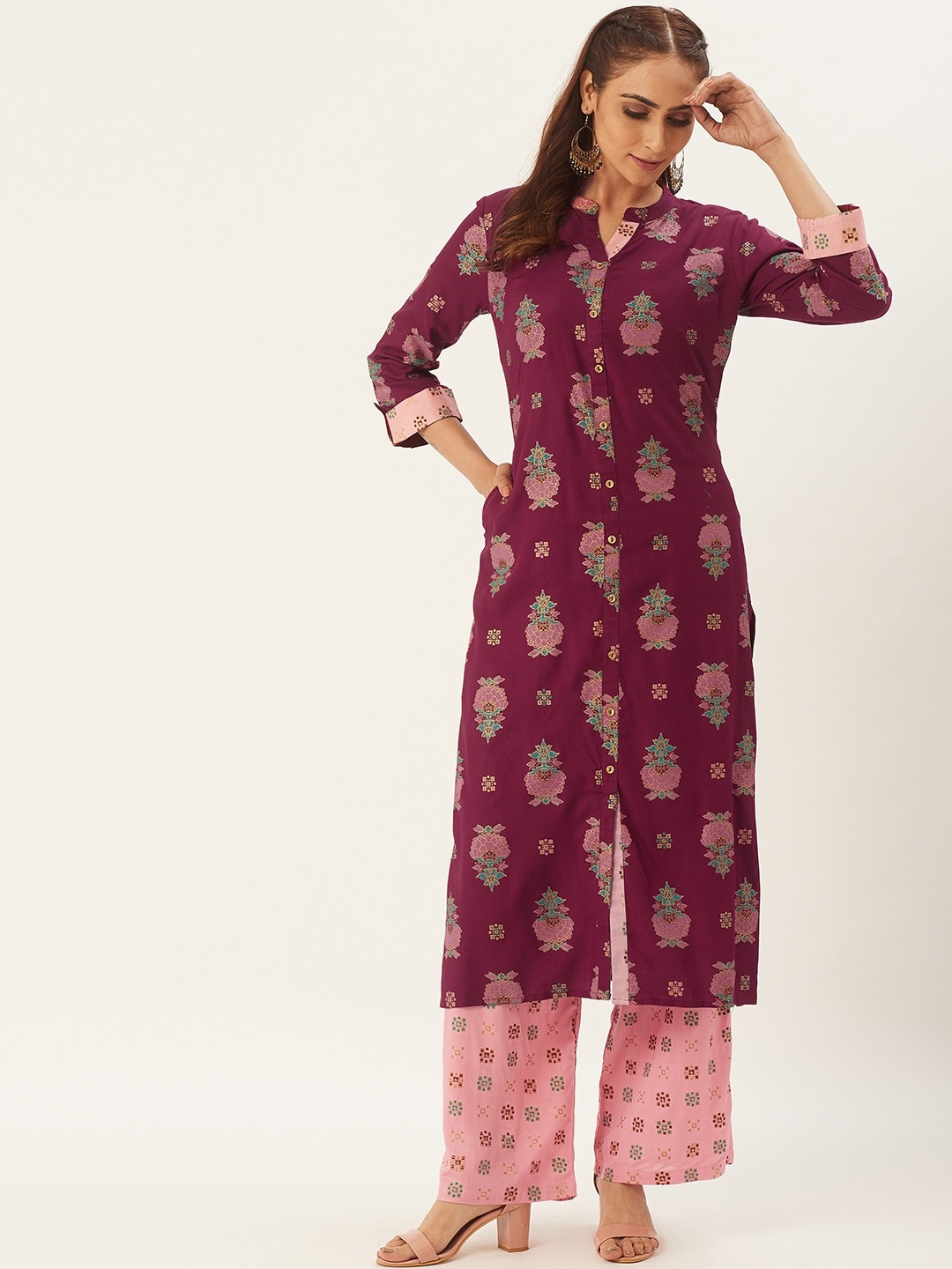 

RANGMAYEE Women Burgundy & Pink Printed Kurta with Palazzos