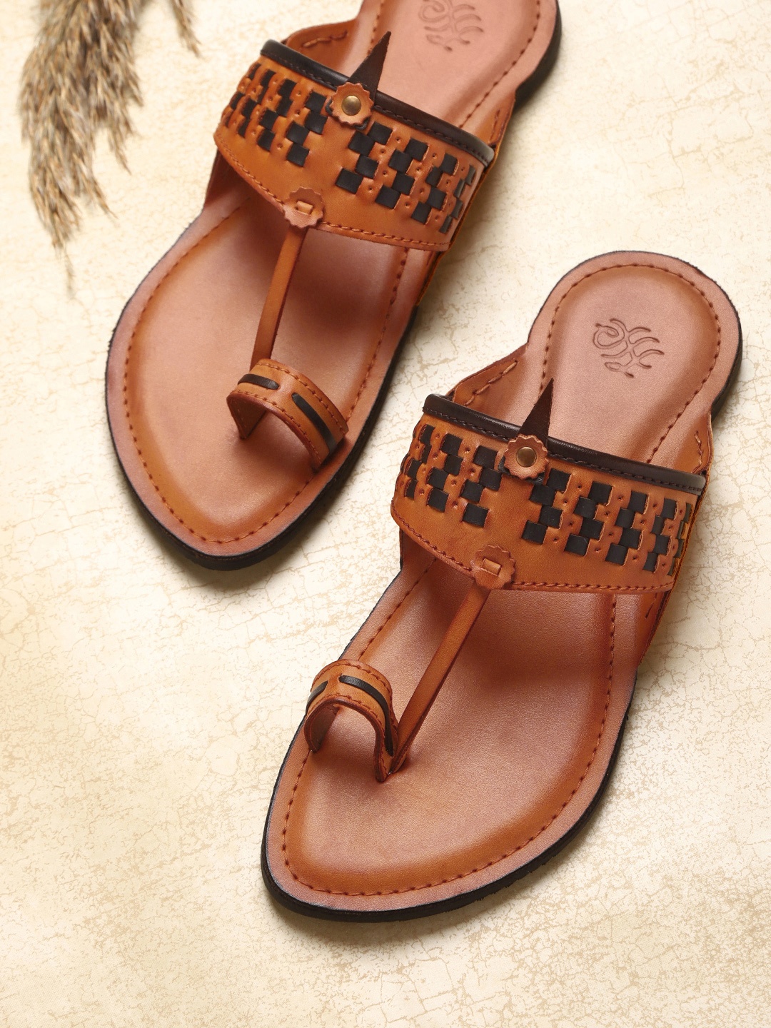 

House of Pataudi Men Tan Brown & Black Basket Weave Leather Handcrafted Comfort Sandals