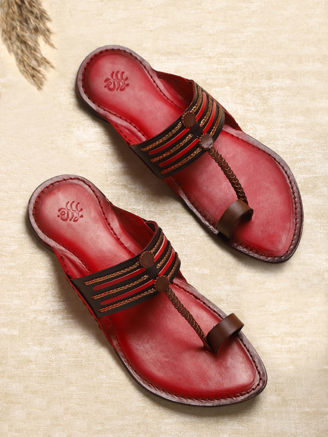

House of Pataudi Men Black & Red Braided Detail Leather Handcrafted Comfort Sandals