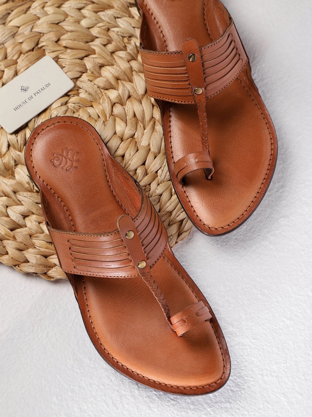 

House of Pataudi Men Tan Brown Handcrafted Leather One-Toe Sandals