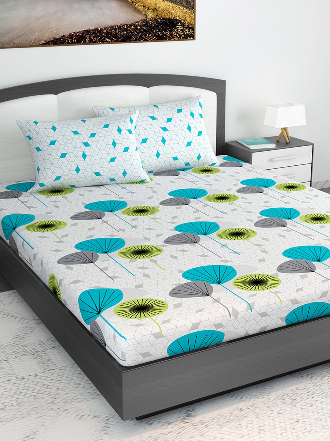 

Divine Casa Blue & Green Floral 120 TC 1 King Bedsheet with 2 Pillow Covers