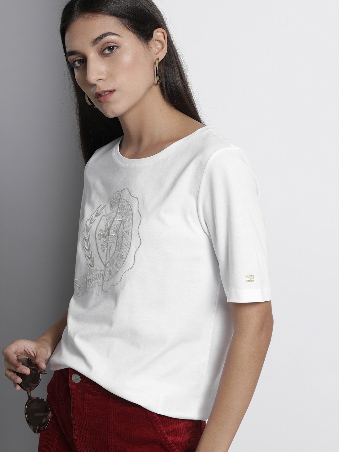 

Tommy Hilfiger Women White Logo Embroidered Pure Cotton T-shirt