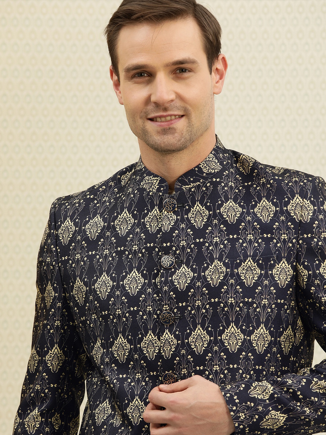 

House of Pataudi Men Navy Blue & Yellow Printed Ethnic Bandhgala Blazer