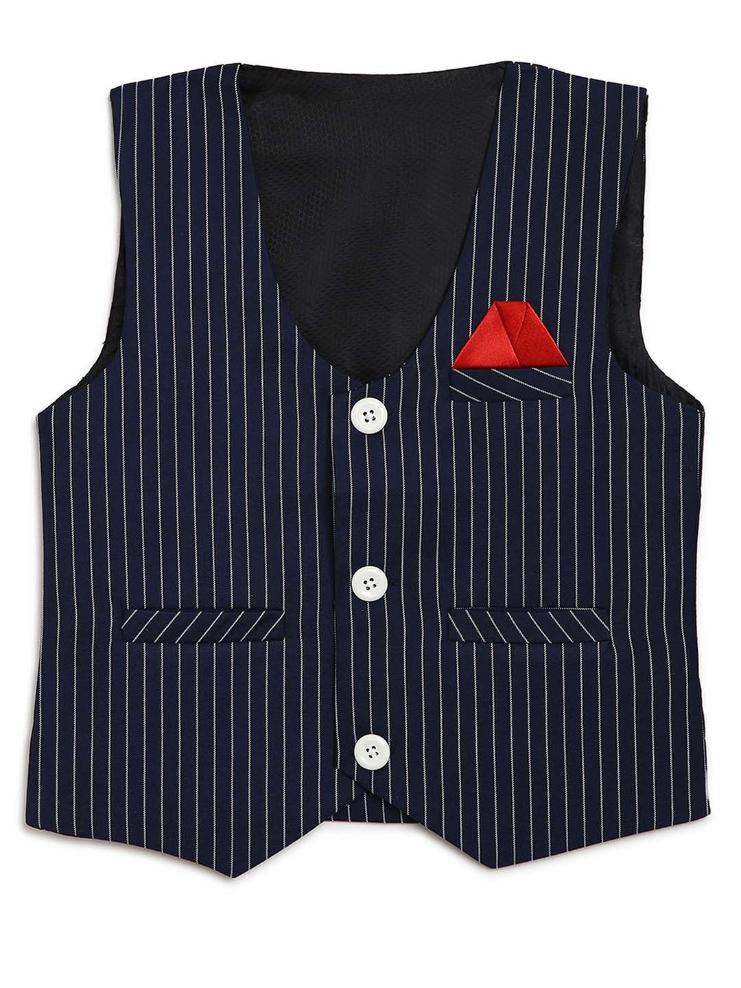 

Aj DEZInES Boys Navy Blue & White Striped Waistcoat