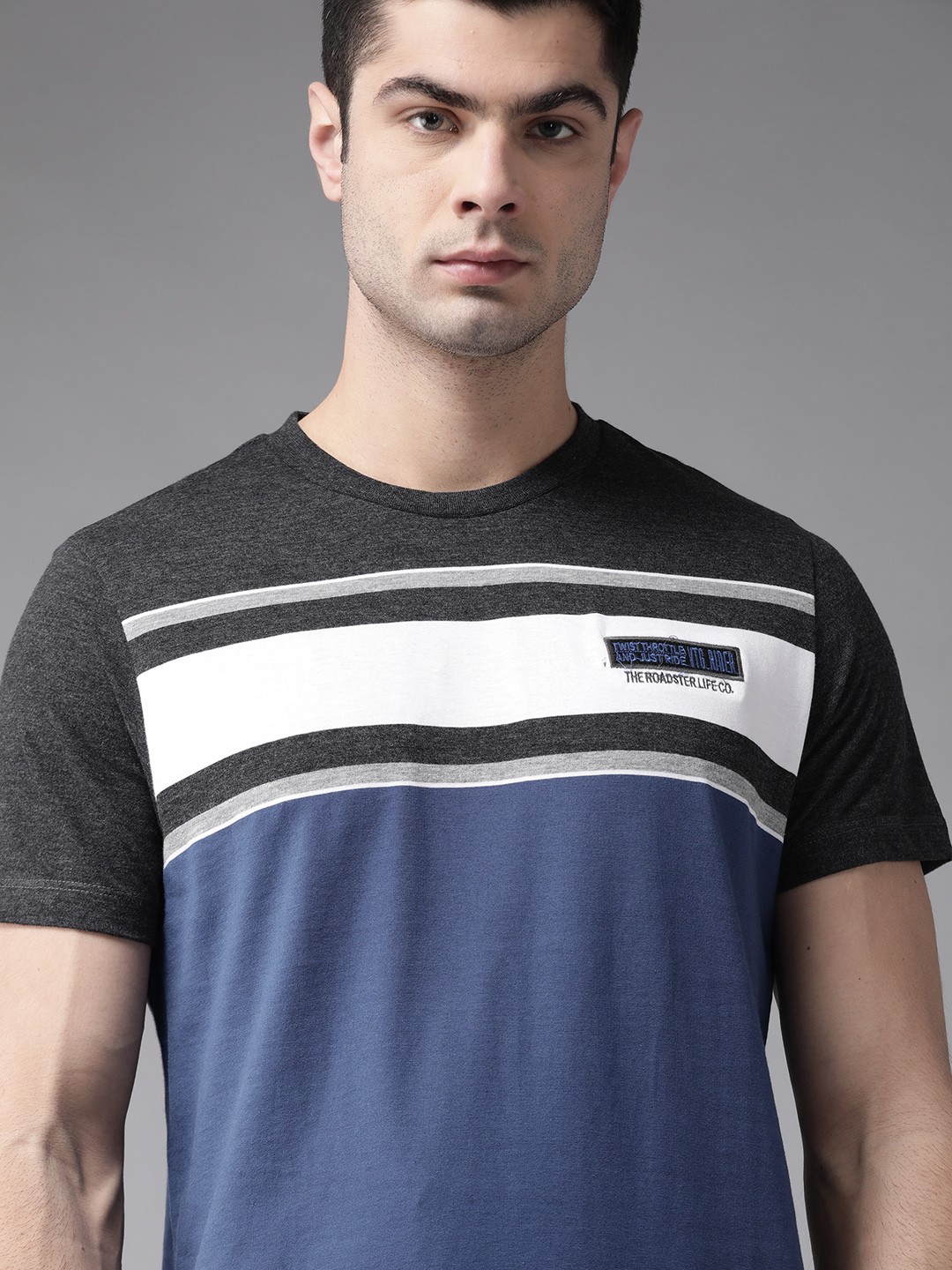 

Roadster Men Blue & Charcoal Grey Striped Round Neck T-shirt