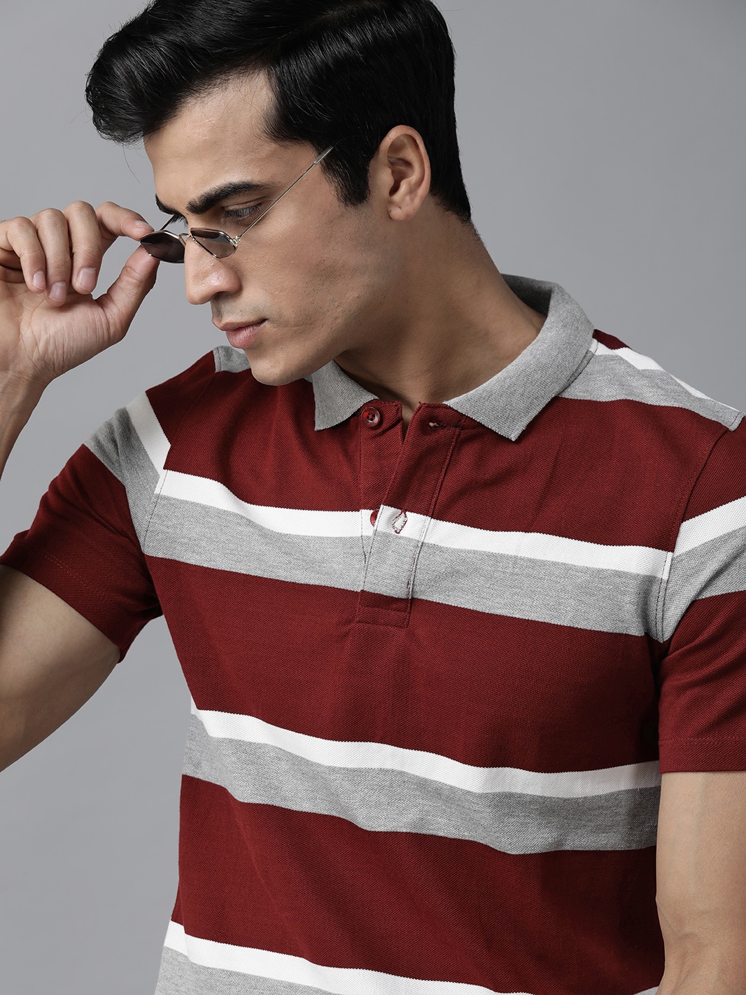 

Roadster Men Maroon & Grey Melange Striped Polo Collar T-shirt