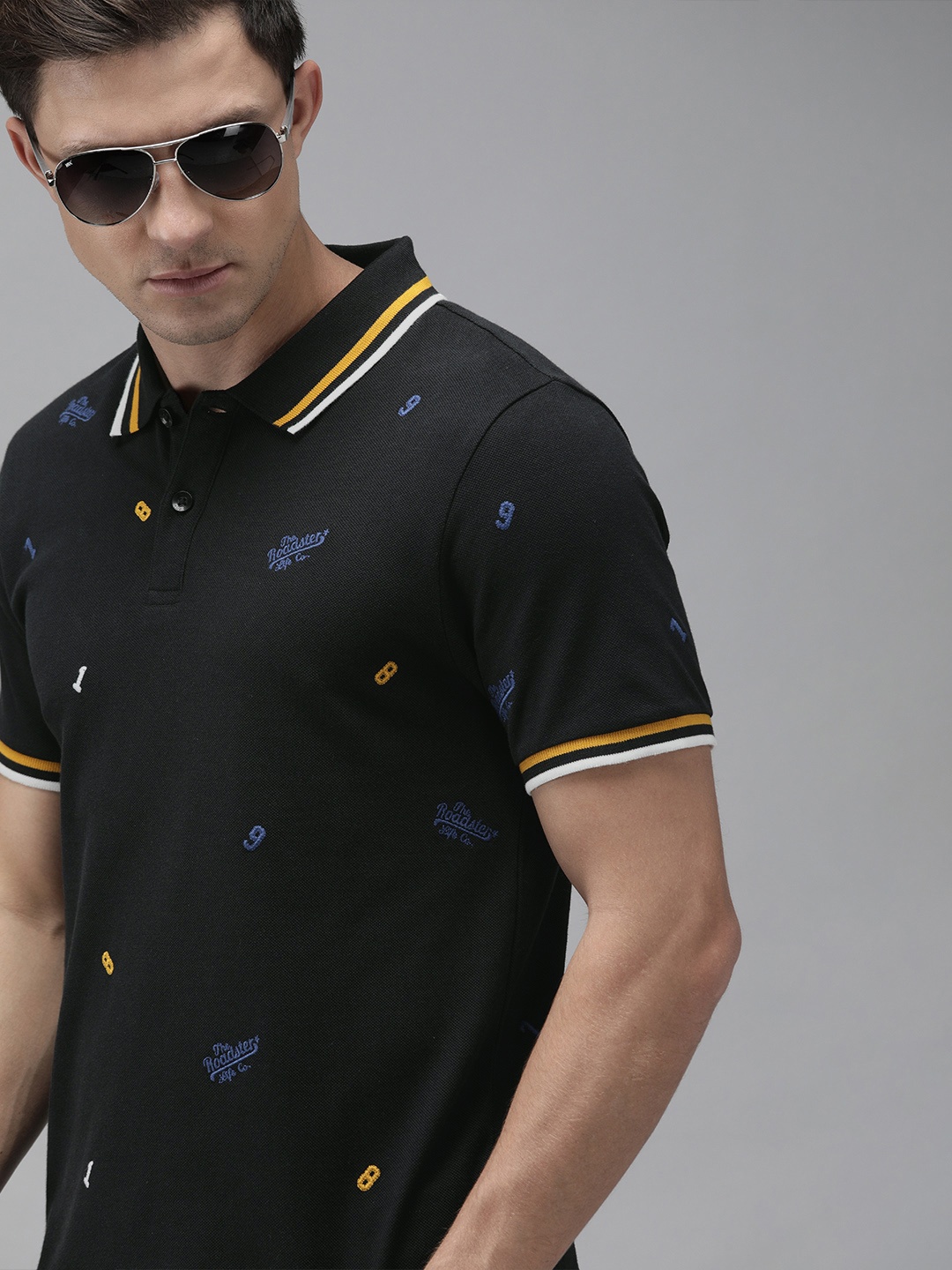 

Roadster Men Black Embroidered Polo Collar Pure Cotton T-shirt