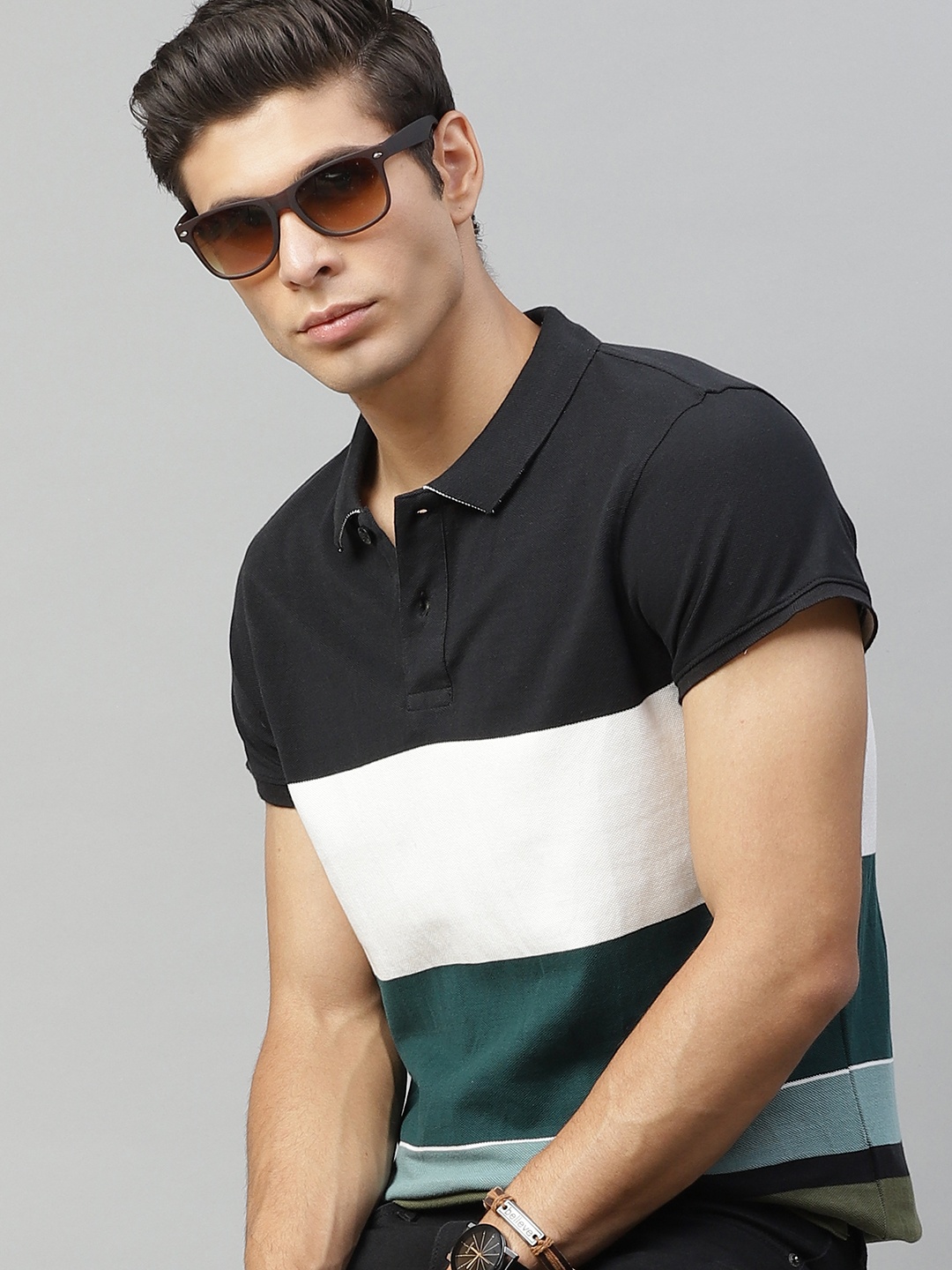 

Roadster Men Black Green Cotton Striped Polo Collar Pure Cotton T-shirt