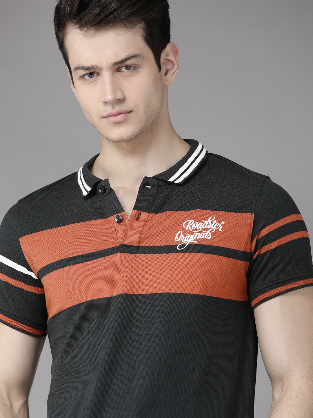 

Roadster Men Black Rust Red Pure Cotton Striped Polo Collar Pure Cotton T-shirt