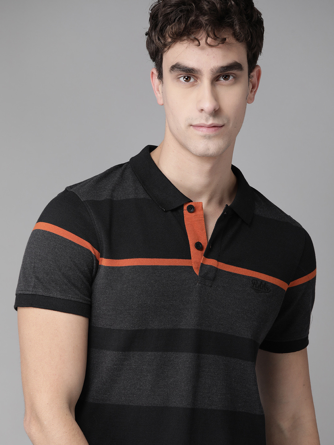 

Roadster Men Black & Charcoal Grey Striped Polo Collar T-shirt