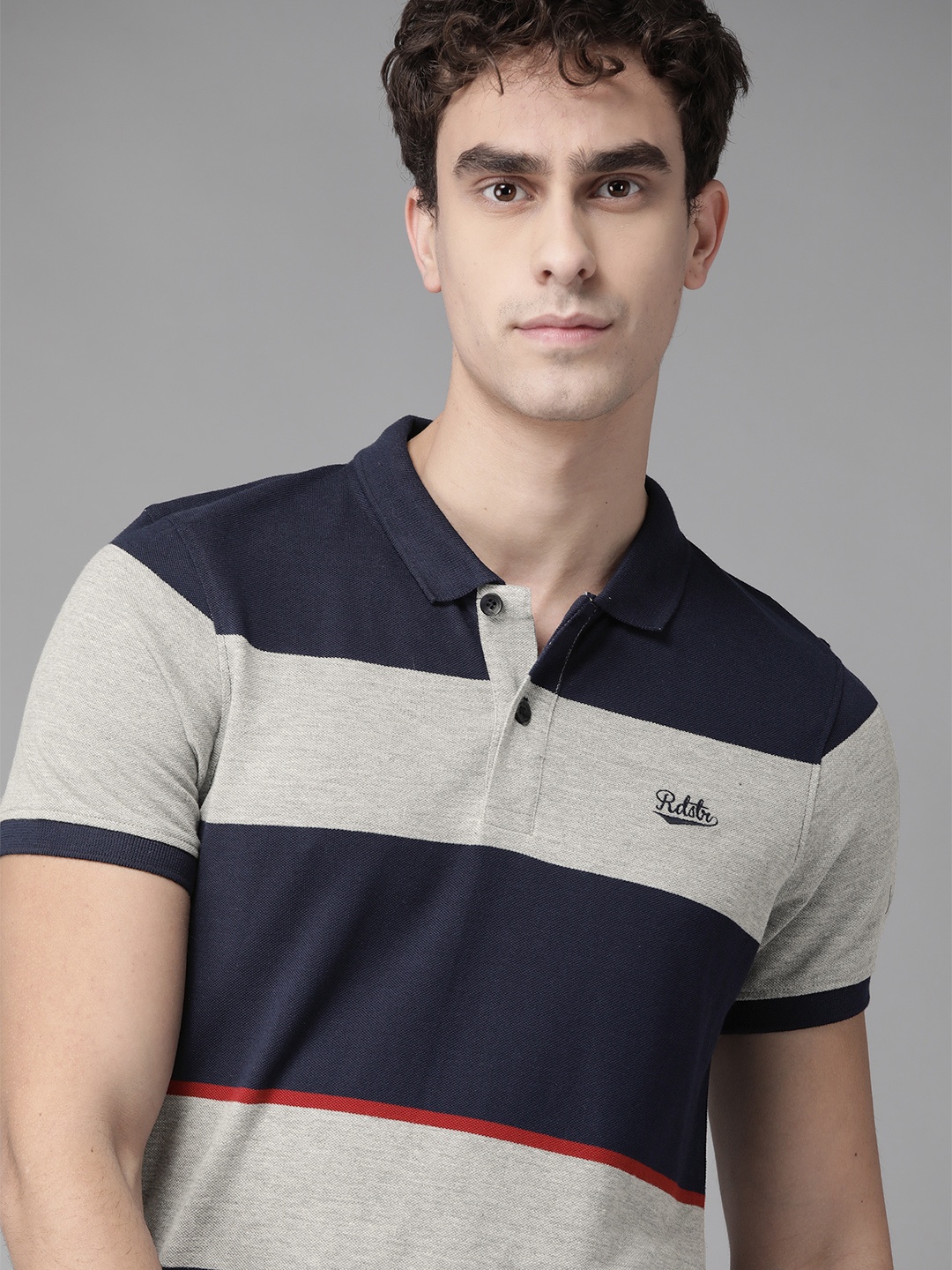 

Roadster Men Navy Blue & Grey Melange Striped Polo Collar T-shirt