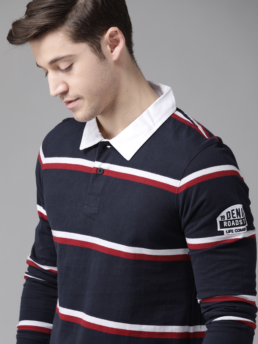 

Roadster Men Navy Blue Red Striped Polo Collar Pure Cotton T-shirt