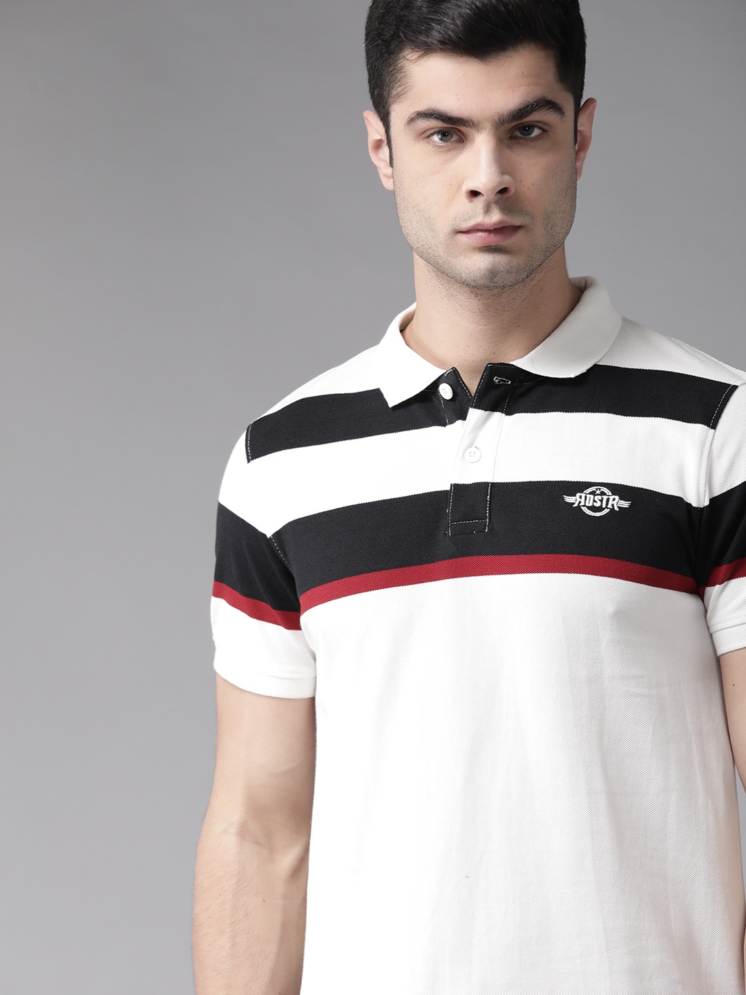 

Roadster Men Off-White Black Pure Cotton Striped Polo Collar Pure Cotton T-shirt