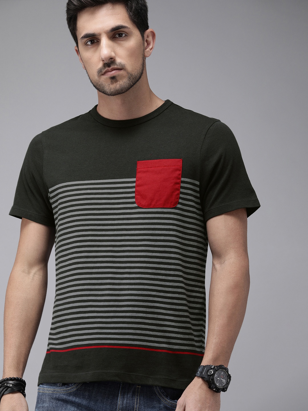 

Roadster Men Black Grey Striped Round Neck Pure Cotton T-shirt With Mock Pocket Detailing