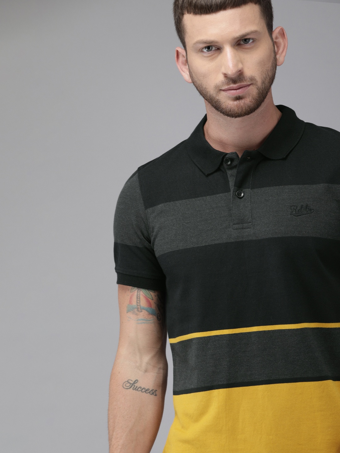 

Roadster Men Black & Charcoal Grey Colourblocked Polo Collar T-shirt