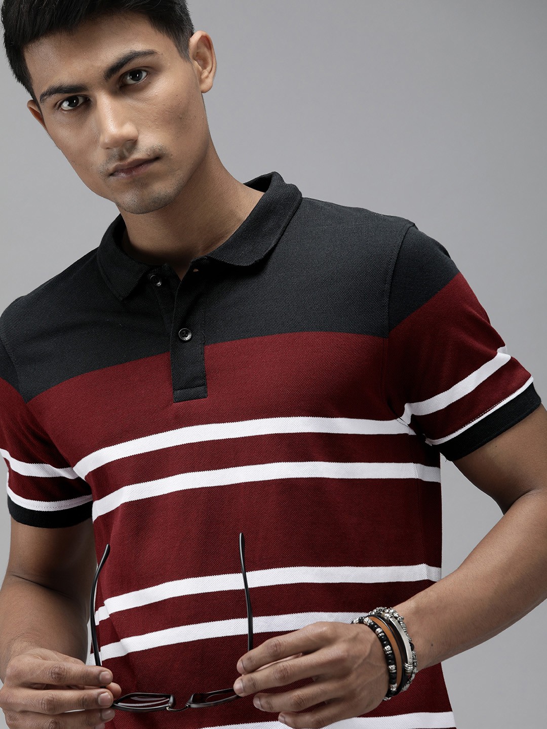 

Roadster Men Maroon & White Striped Polo Collar T-shirt